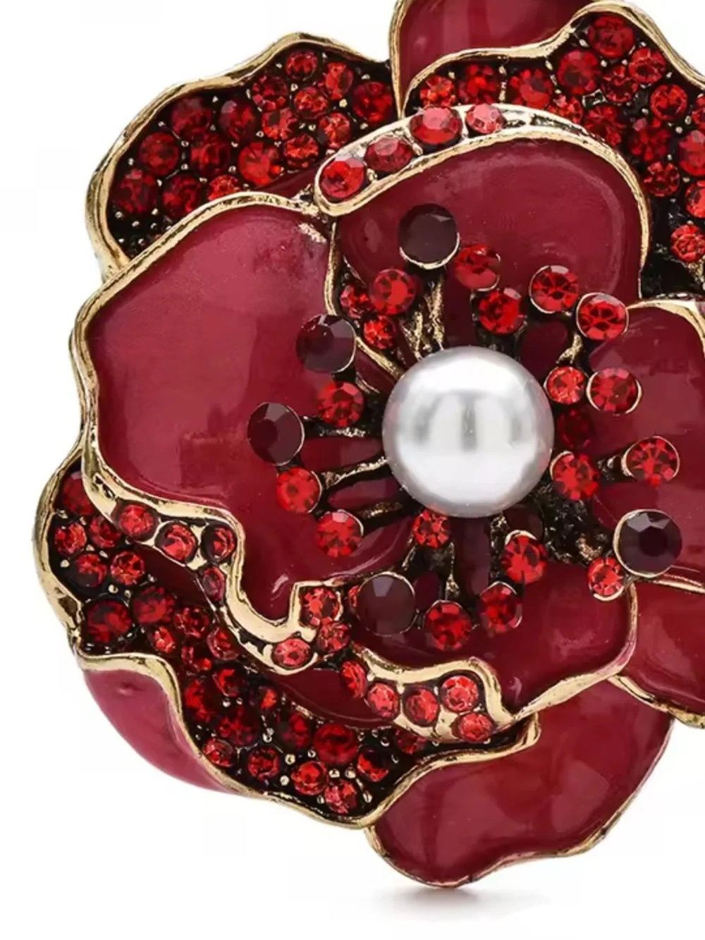 Romantic Red Scarlet Rose Pearl Floral Brooch